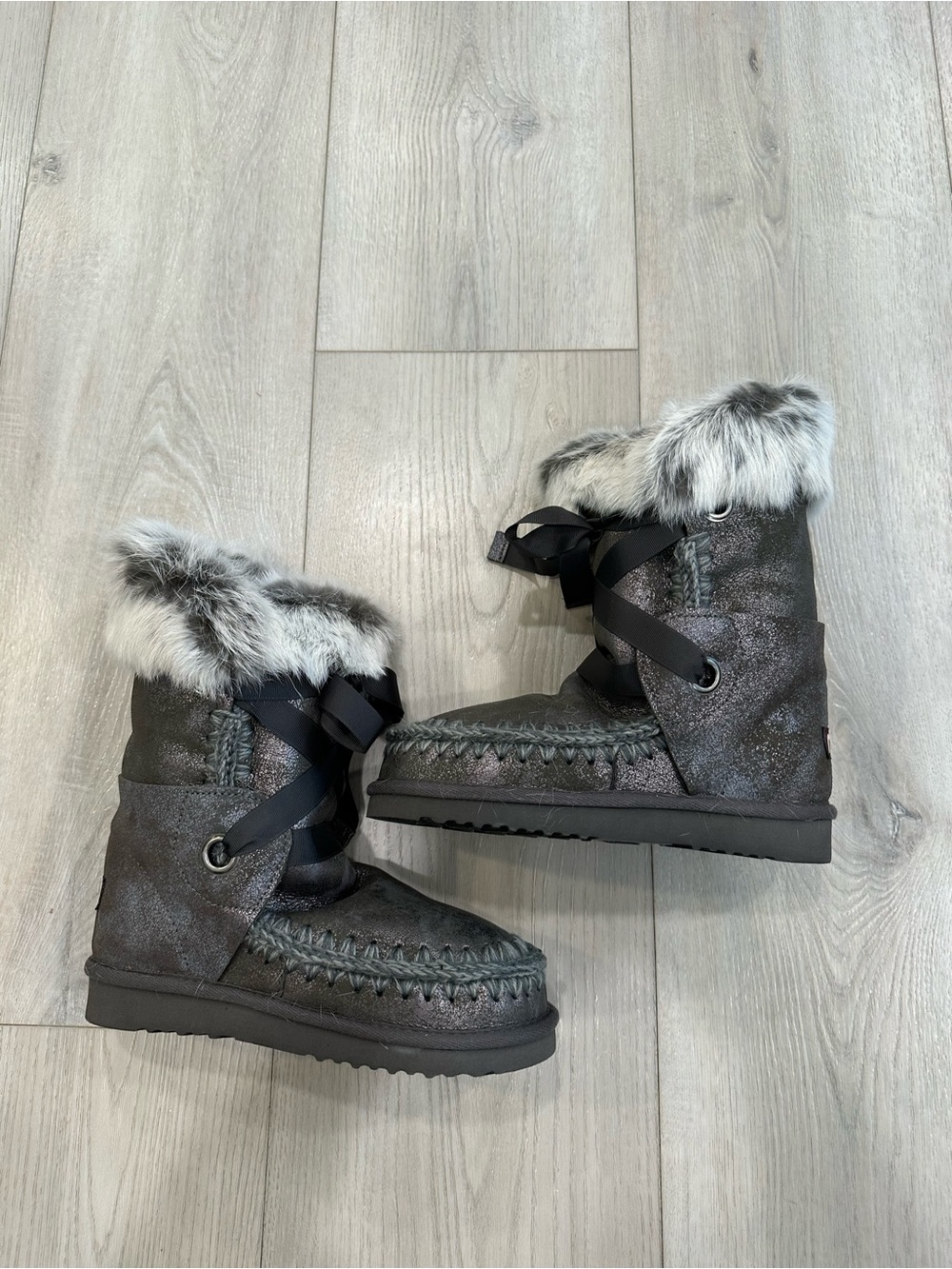 Mou Eskimo Lace and Fur Boots - Shimmer Charcoal Grey Sheepskin (Size EU 39 / UK